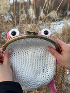 Pink Frog Bag with Cat Patches – Cute Crochet Frog Purse, Wallet or Cosmetic Bag