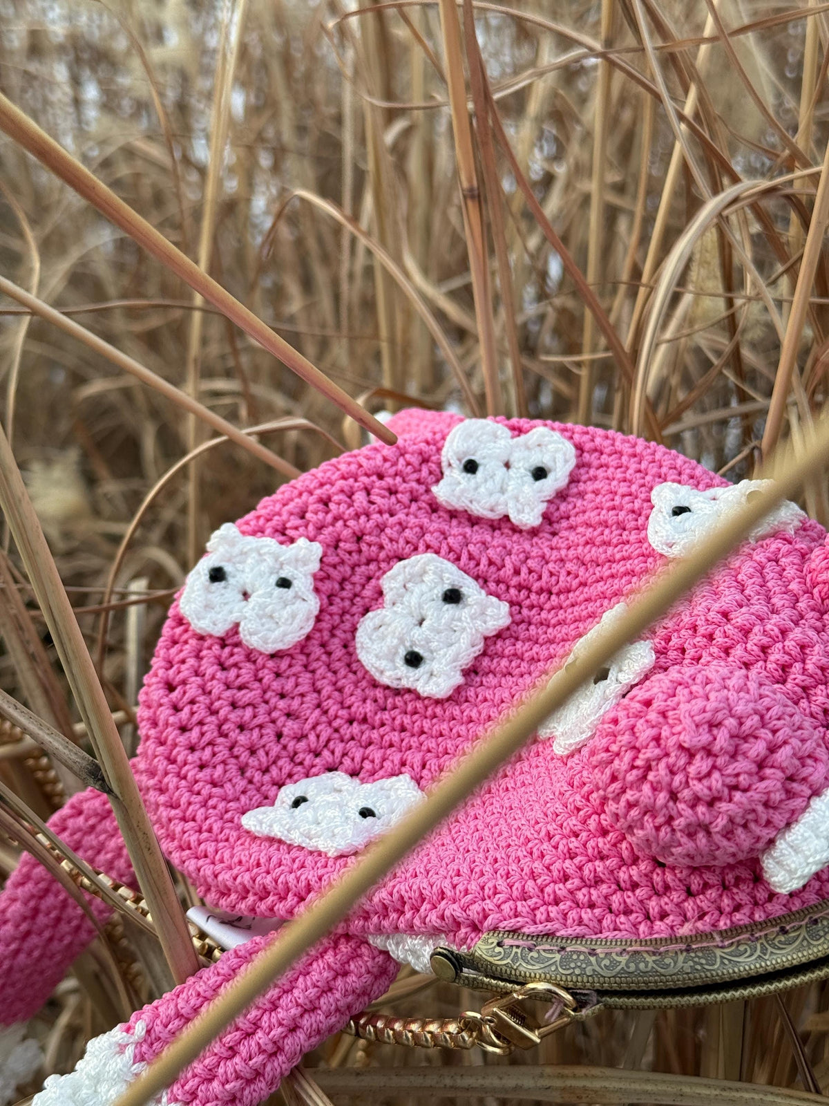 Pink Frog Bag with Cat Patches – Cute Crochet Frog Purse, Wallet or Cosmetic Bag