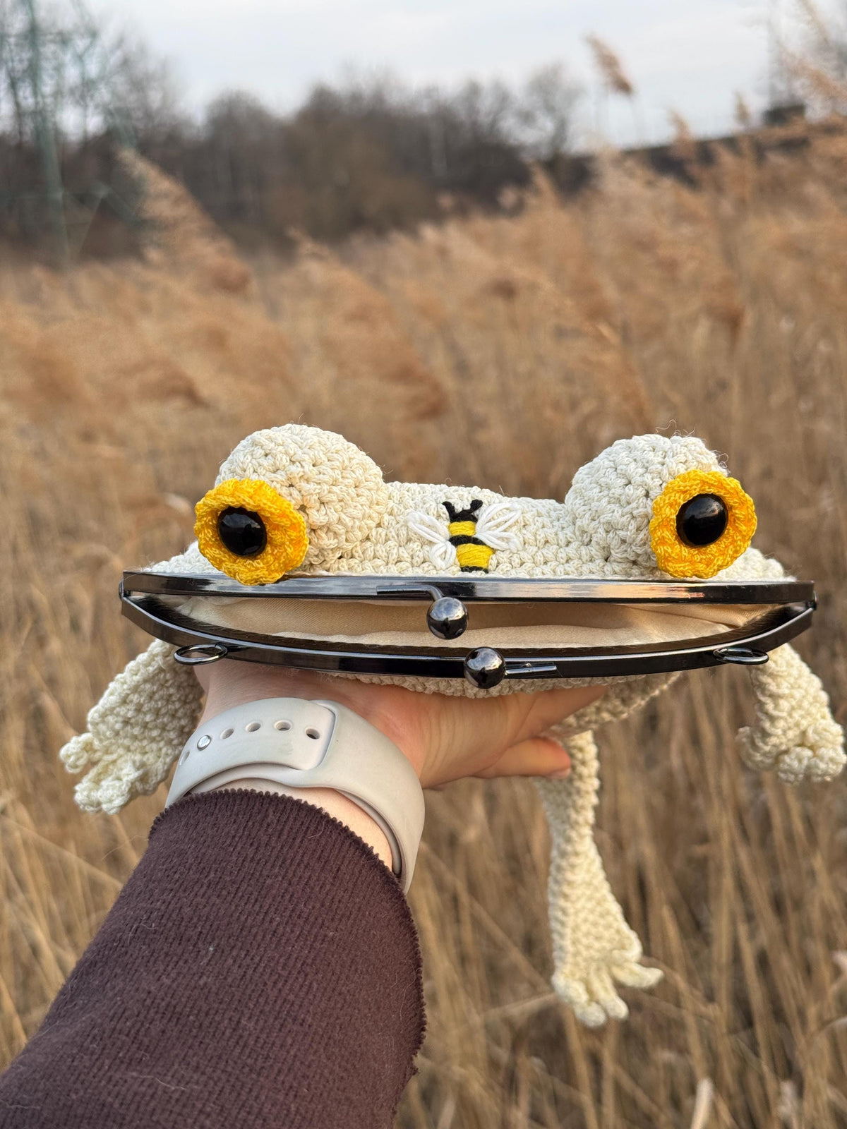Handmade Crochet Frog Bag – Unique Bee & Beehive Design, Kawaii Frog Purse, Whimsical Animal Handbag, Gift for Her