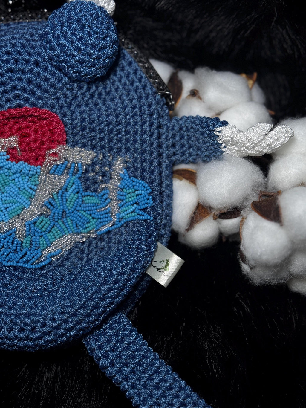 Crochet Frog Bag with Beaded Embroidery Handmade Purse Inspired by The Great Wave