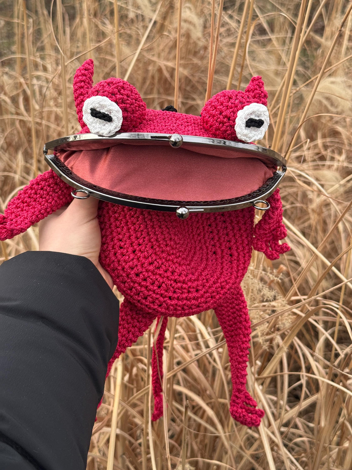 Crochet Frog Bag – Handmade Devil Purse with Horns, Kawaii Goth Frogcore Gift