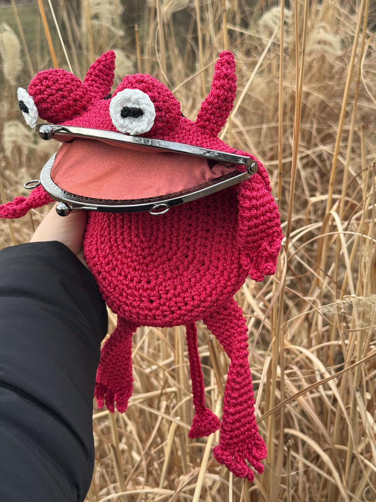 Crochet Frog Bag – Handmade Devil Purse with Horns, Kawaii Goth Frogcore Gift