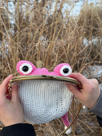 Pink Frog Bag with Cat Patches – Cute Crochet Frog Purse, Wallet or Cosmetic Bag