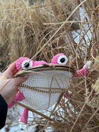 Pink Frog Bag with Cat Patches – Cute Crochet Frog Purse, Wallet or Cosmetic Bag
