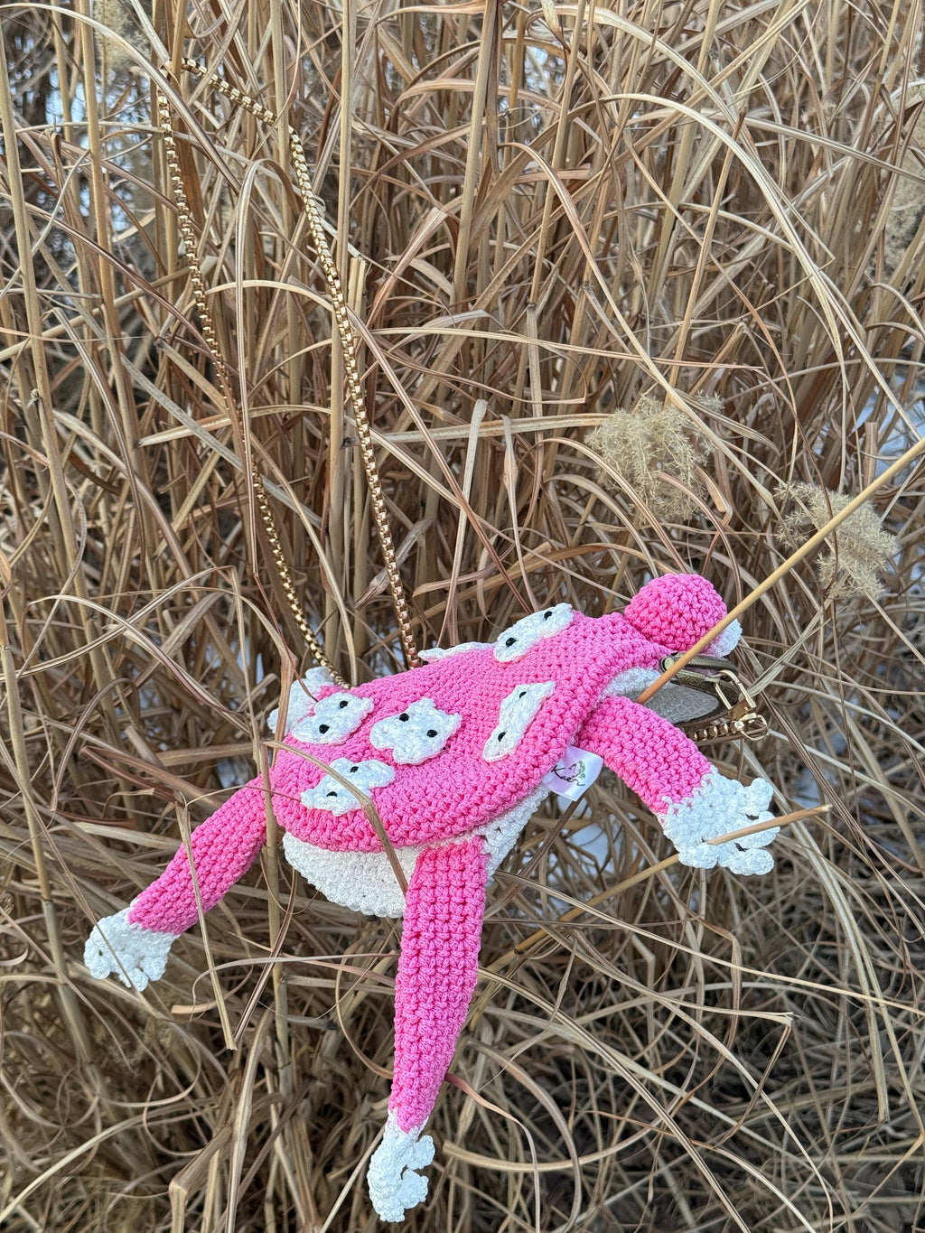 Pink Frog Bag with Cat Patches – Cute Crochet Frog Purse, Wallet or Cosmetic Bag