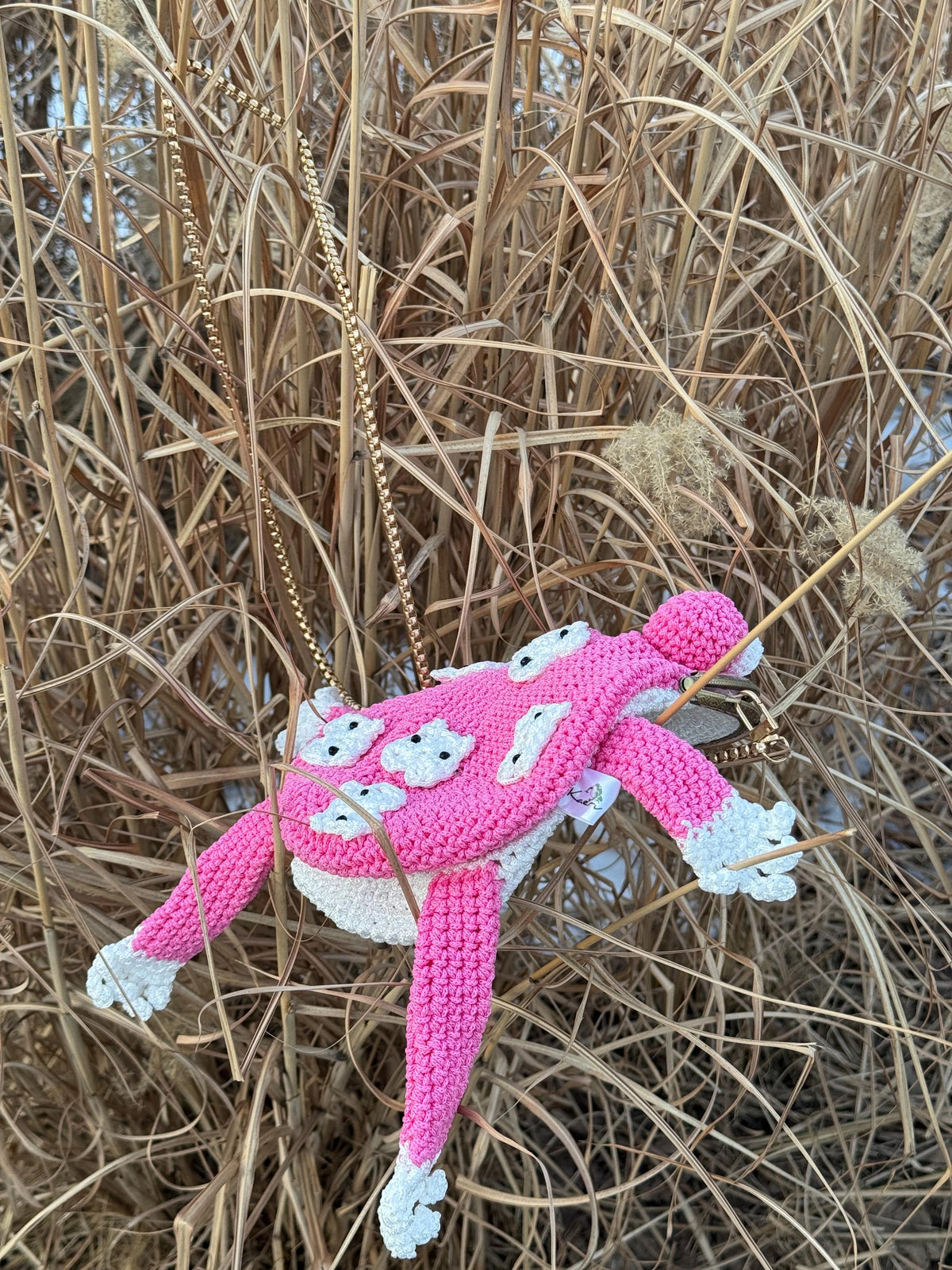 Pink Frog Bag with Cat Patches – Cute Crochet Frog Purse, Wallet or Cosmetic Bag