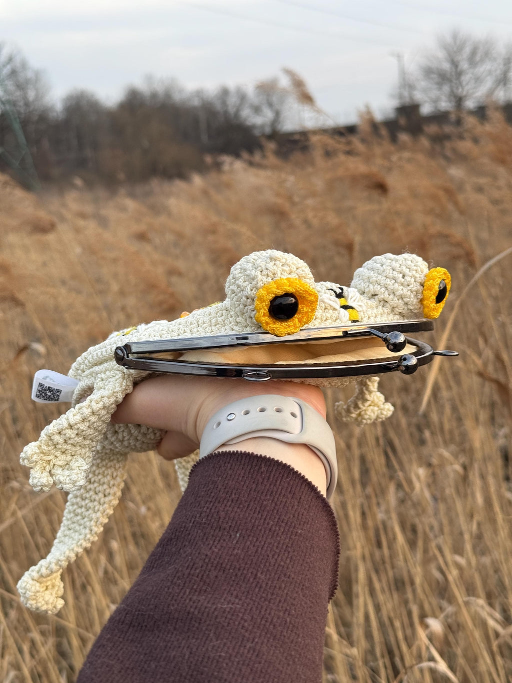 Handmade Crochet Frog Bag – Unique Bee & Beehive Design, Kawaii Frog Purse, Whimsical Animal Handbag, Gift for Her