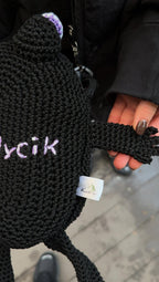 Crochet Frog Bag with Zipper – Custom Embroidery Option – Black Handmade Purse with Strap – Lined Durable Macrame Frogcore Gift