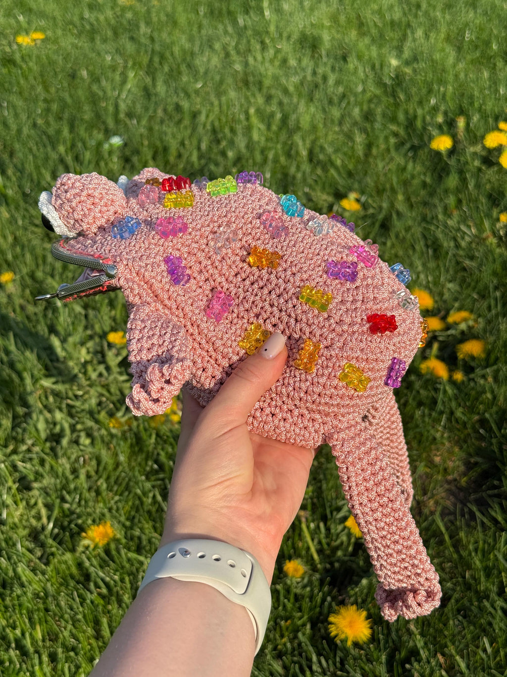 Pink Crochet Frog Bag with Gummy Bears – Handmade Shoulder & Crossbody Bag