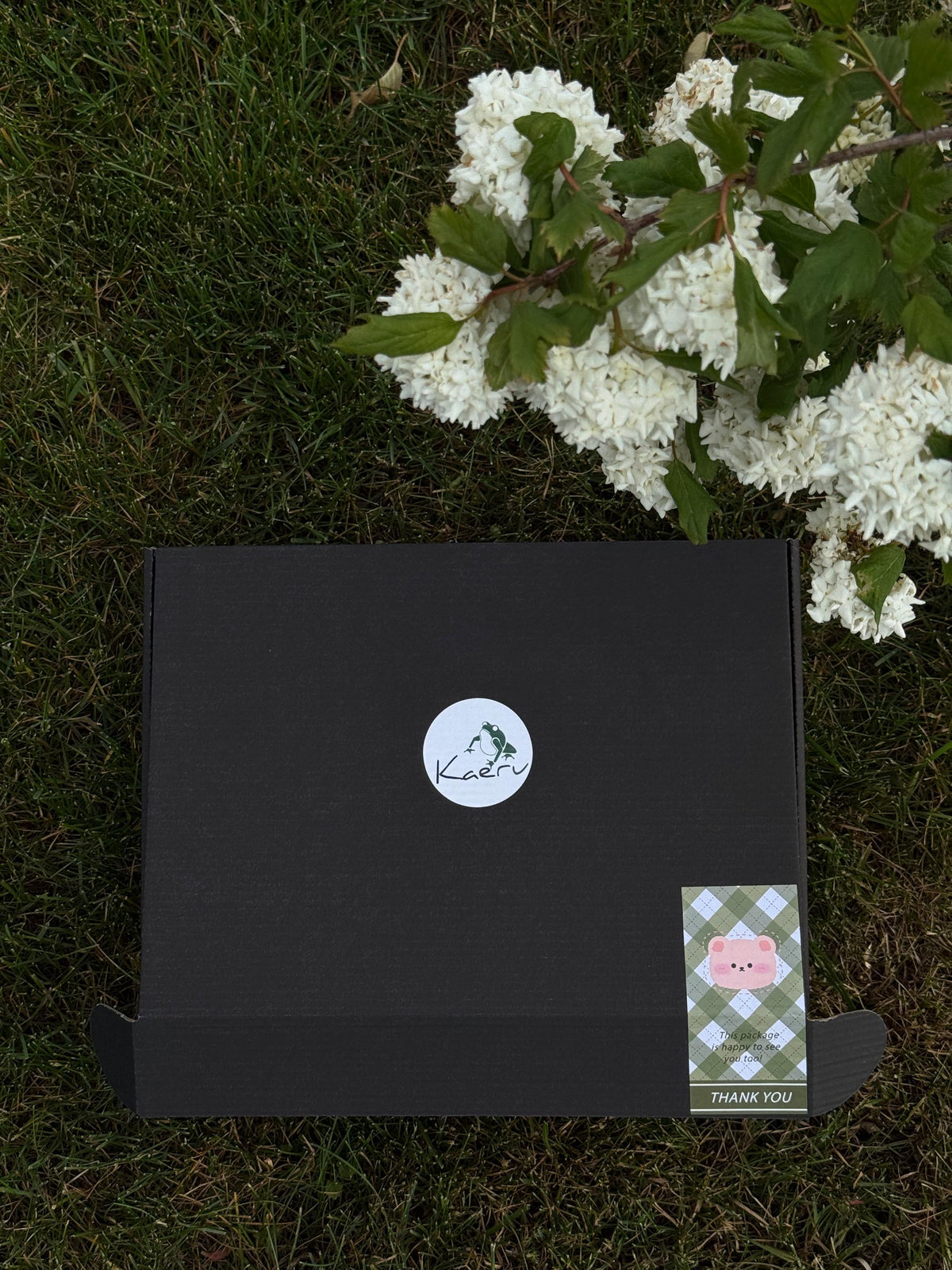 Branded black gift box with Kaeru logo and thank-you card, placed on grass next to white blooming flowers