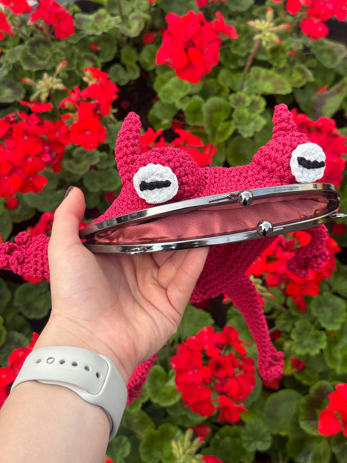 Crochet Frog Bag – Handmade Devil Purse with Horns, Kawaii Goth Frogcore Gift