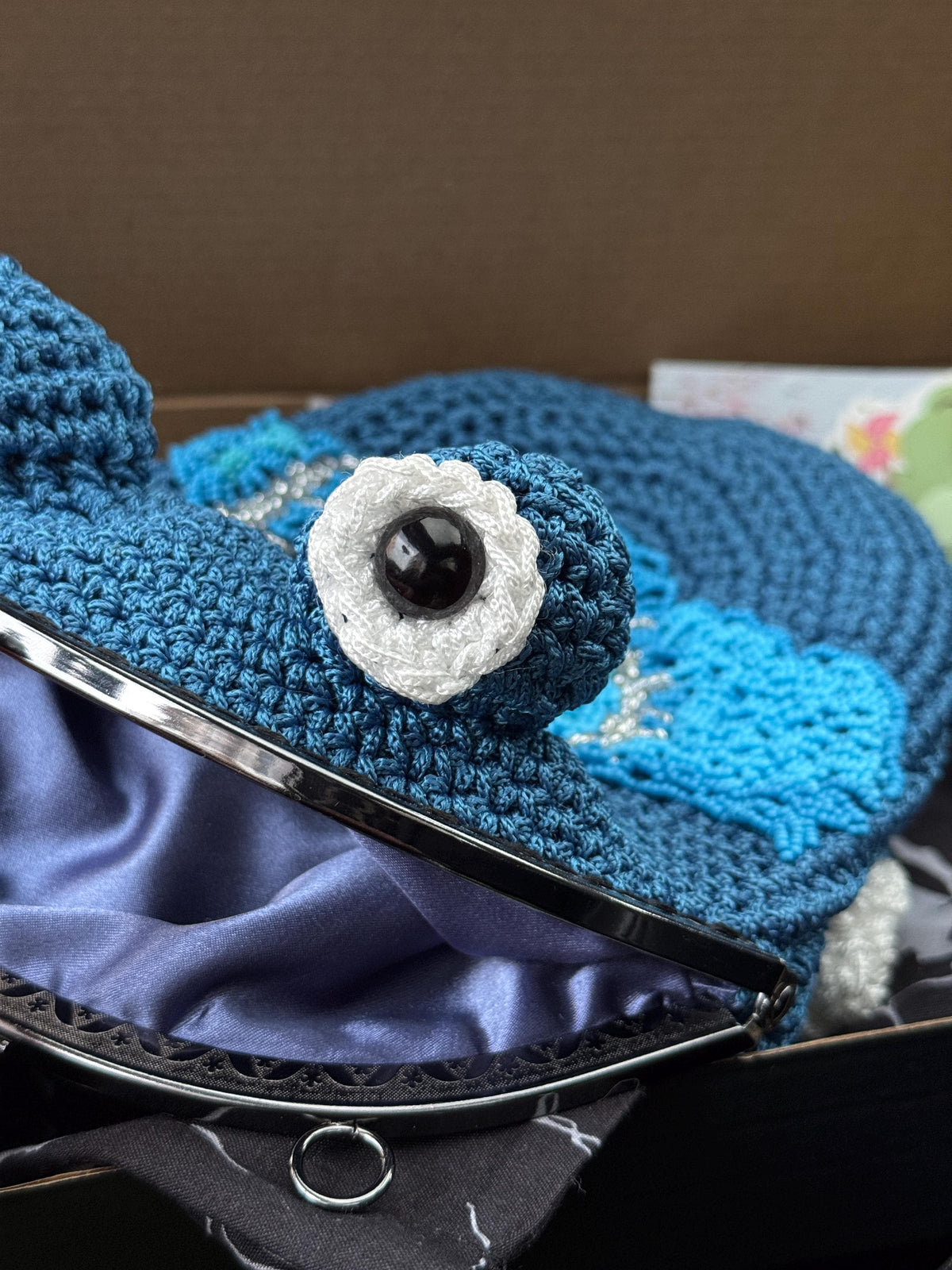 Crochet Frog Bag with Beaded Embroidery Handmade Purse Inspired by The Great Wave