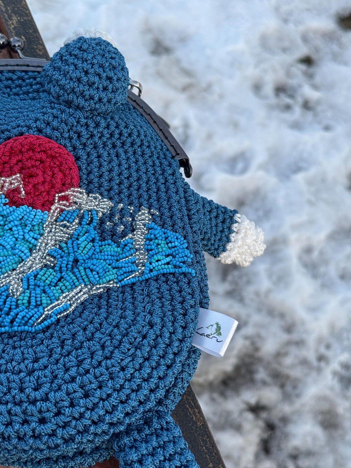 Crochet Frog Bag with Beaded Embroidery Handmade Purse Inspired by The Great Wave