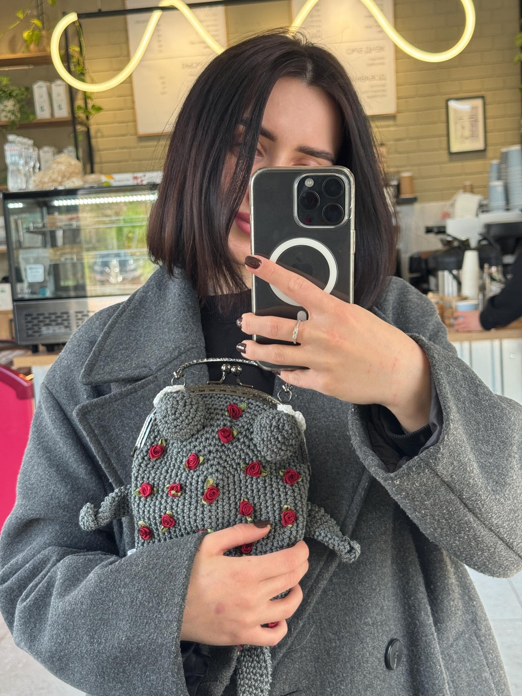 Handmade crochet frog purse with roses