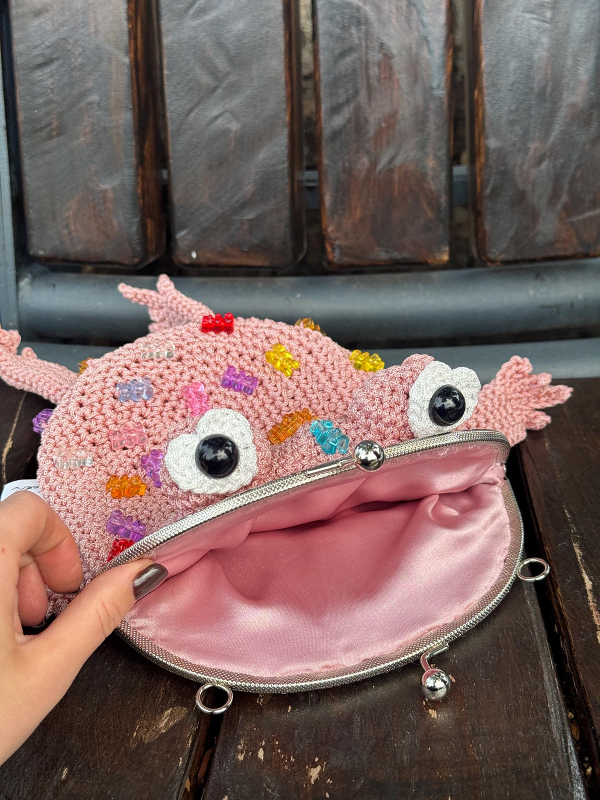 Pink Crochet Frog Bag with Gummy Bears – Handmade Shoulder & Crossbody Bag
