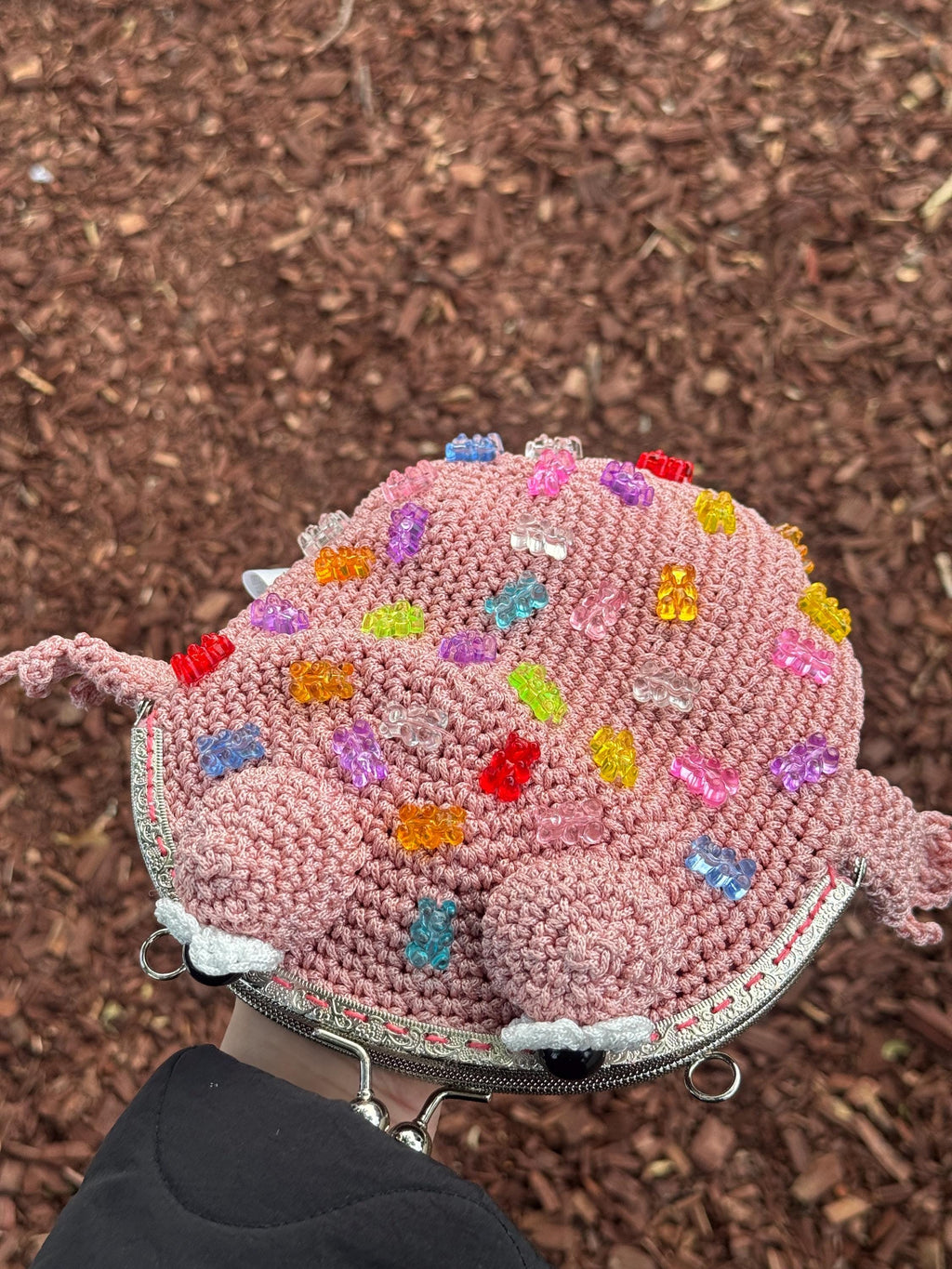 Pink Crochet Frog Bag with Gummy Bears – Handmade Shoulder & Crossbody Bag