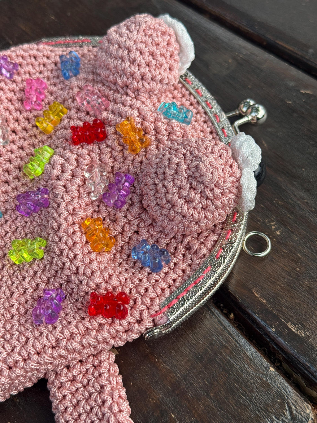 Pink Crochet Frog Bag with Gummy Bears – Handmade Shoulder & Crossbody Bag
