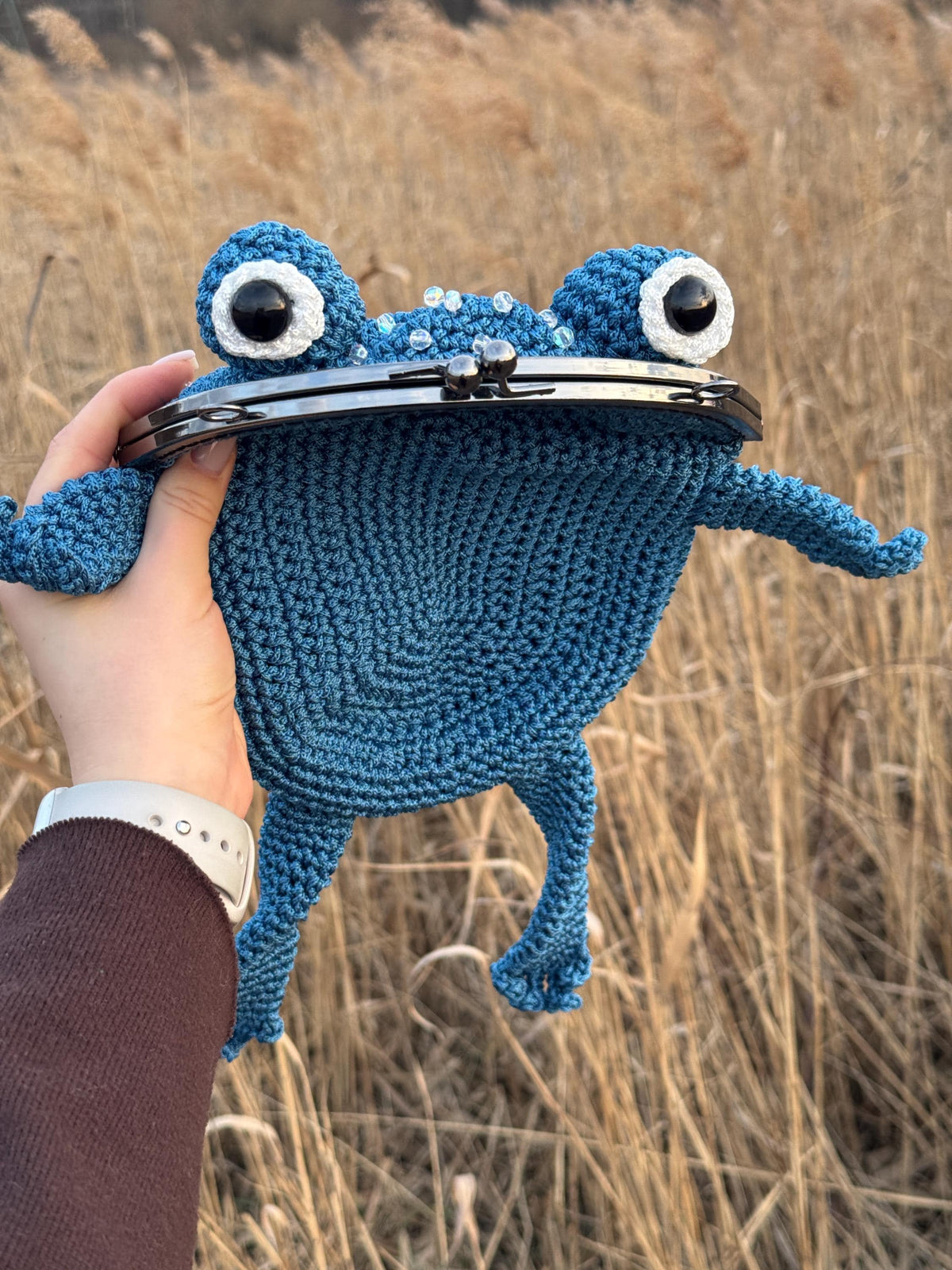 Crochet Frog Bag – Handmade Kawaii Frog Purse – Beaded Crossbody Bag – Czech Glass Beads