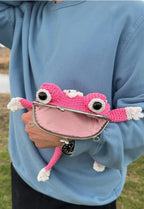 Pink Frog Bag with Cat Patches – Cute Crochet Frog Purse, Wallet or Cosmetic Bag