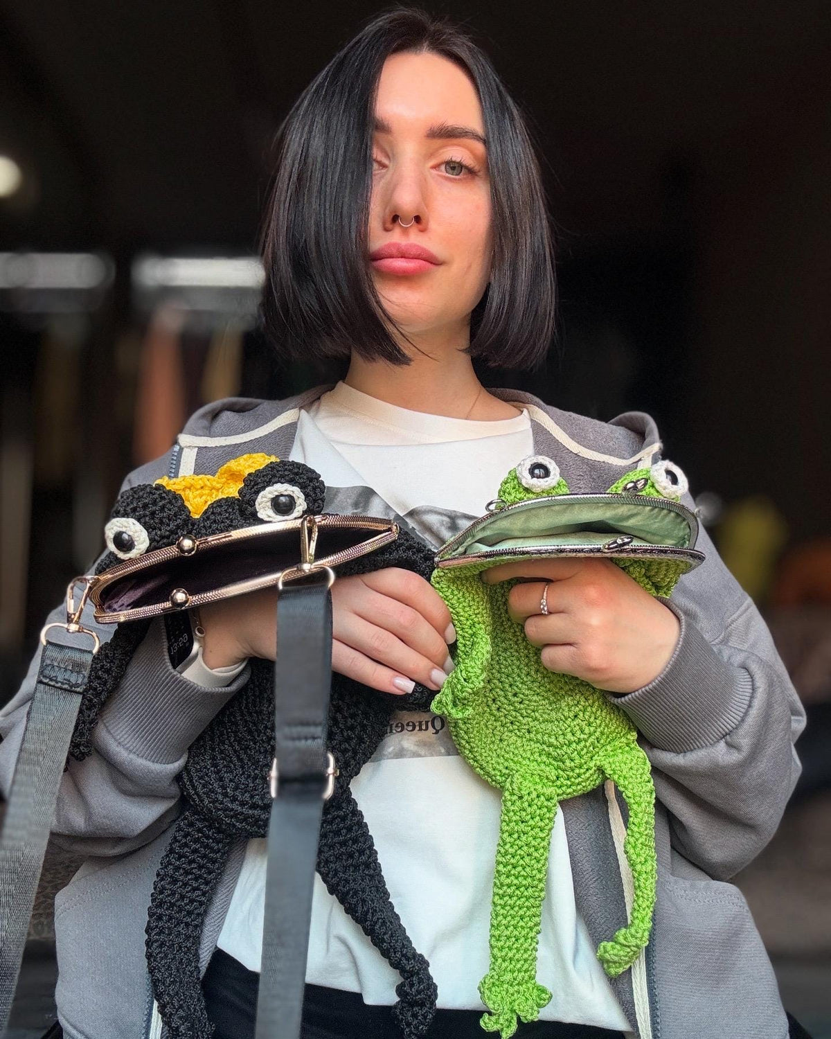 Frog King Bag – Handmade Black Frog Purse with Golden Crown