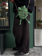 Green Minimalist Frog Bag – Handmade Crochet Frog Purse with Roses