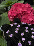 Black Crochet Frog Bag with Purple Roses – Handmade Frog Purse with Kiss Clasp and Chain Strap – Romantic Dark Frog Crossbody