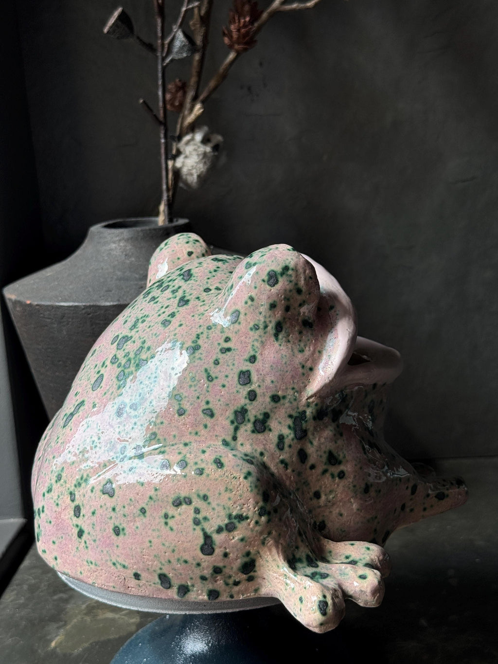 Side profile of the frog container displaying form and shape