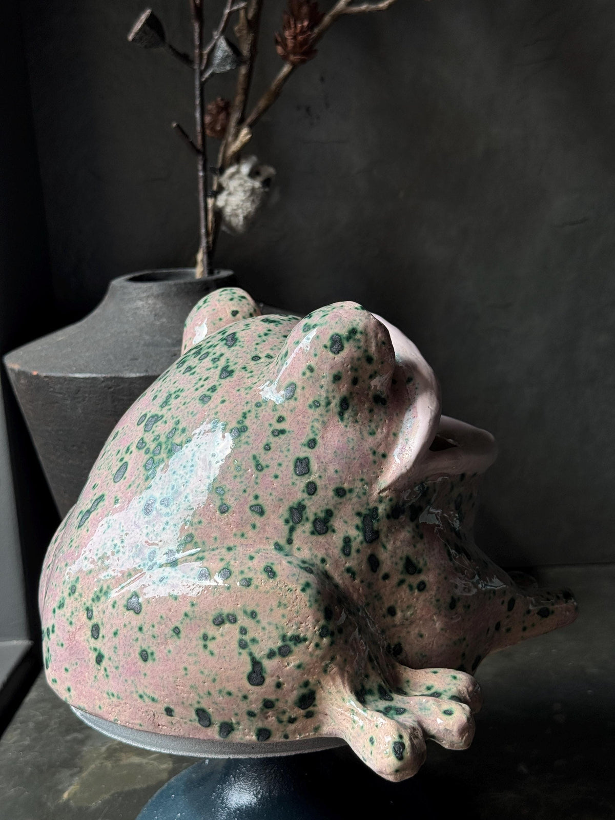 Side profile of the frog container displaying form and shape