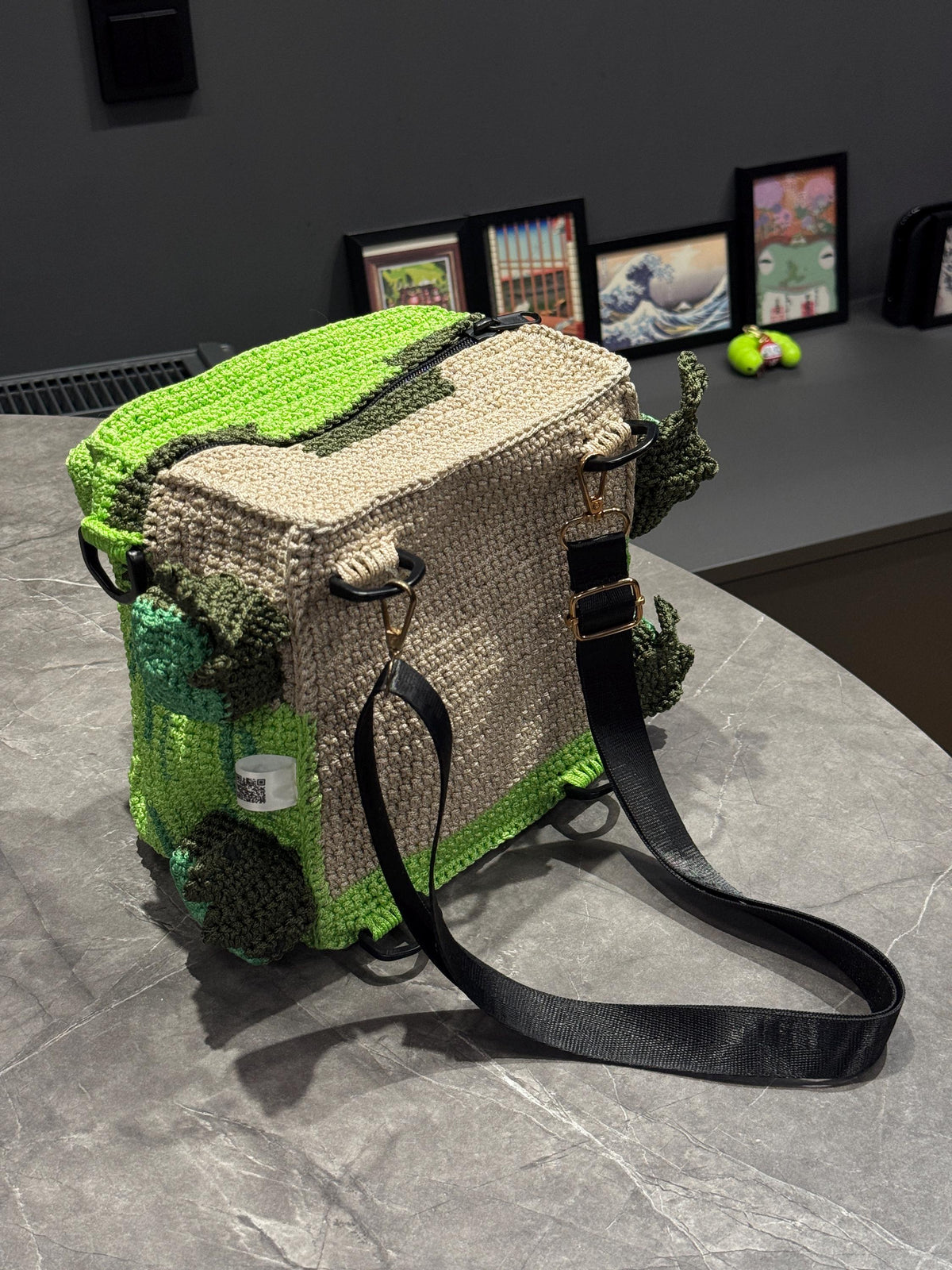 Square Crochet Frog Backpack – Handmade Frog Bag with Zipper & Satin Lining