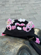 Crochet Frog Backpack – Black Frog Backpack with Sakura Flowers – Dark Aesthetic