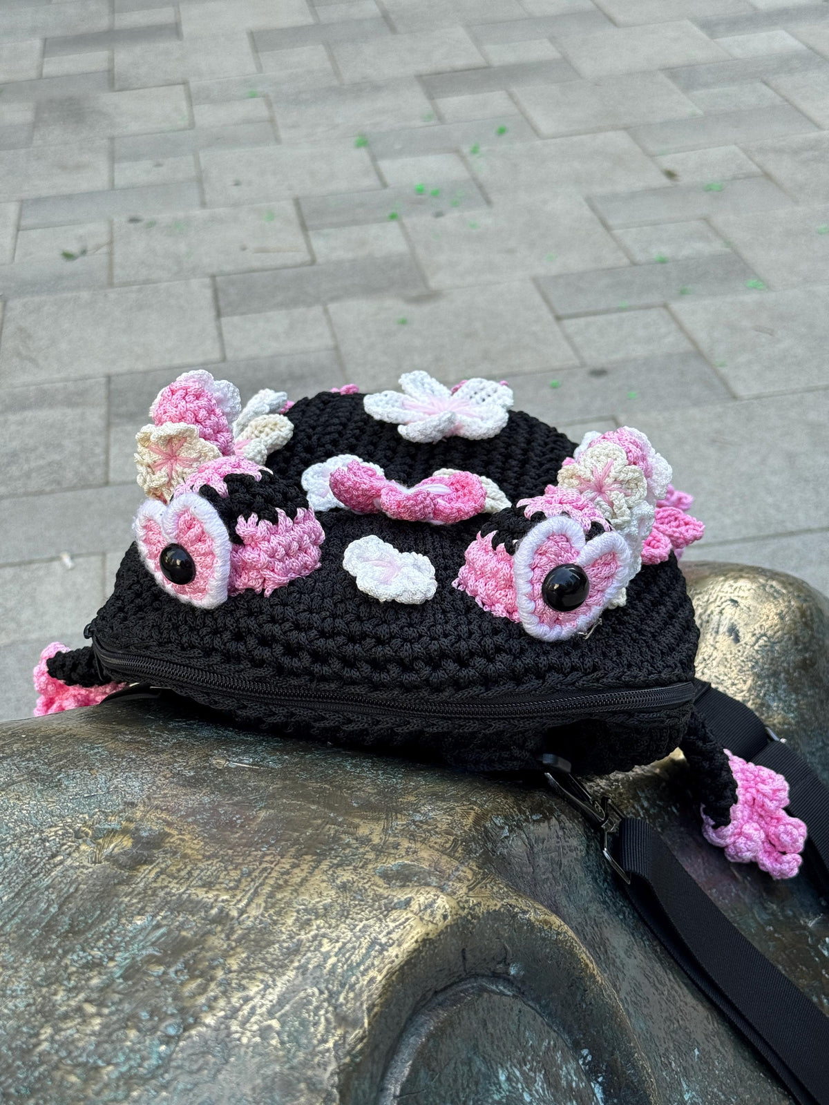 Crochet Frog Backpack – Black Frog Backpack with Sakura Flowers – Dark Aesthetic