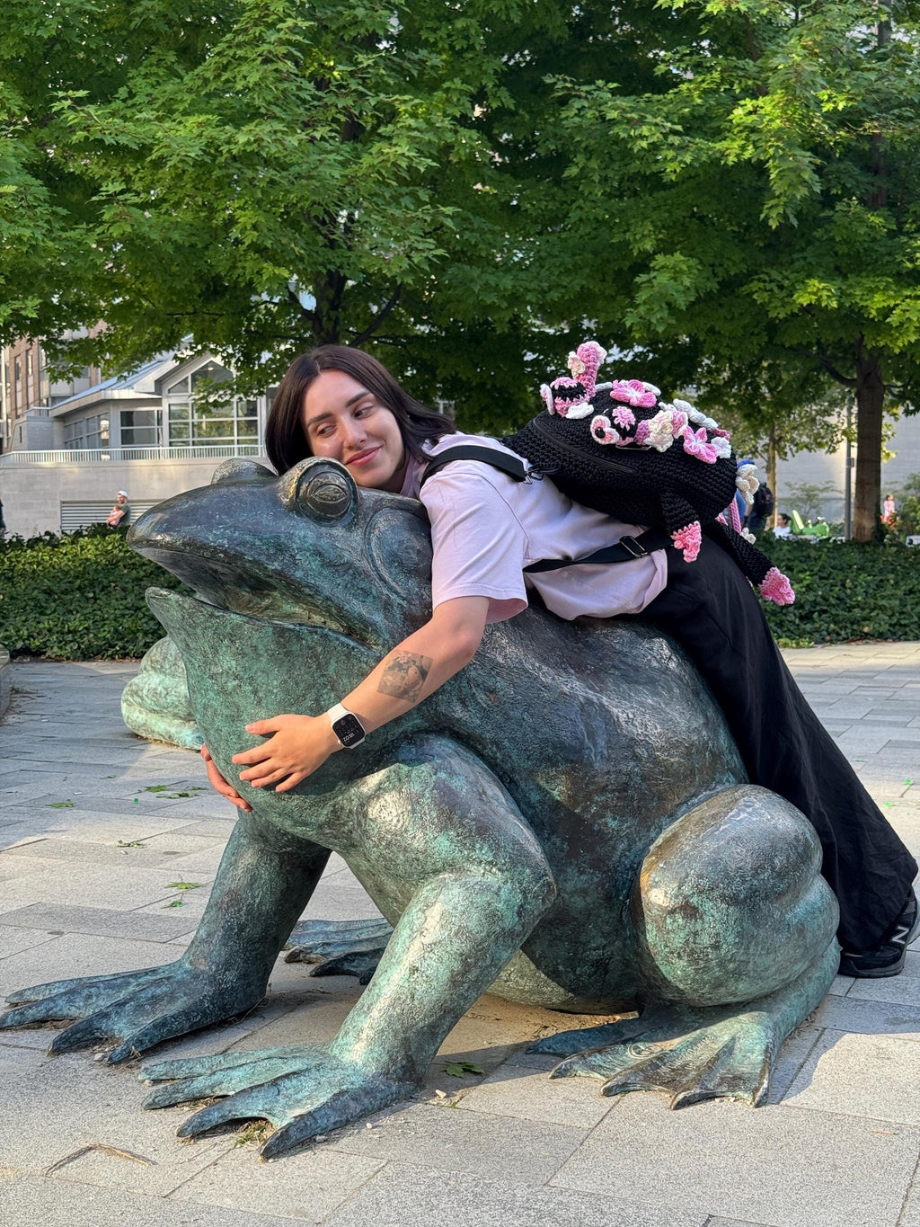 Crochet Frog Backpack – Black Frog Backpack with Sakura Flowers – Dark Aesthetic