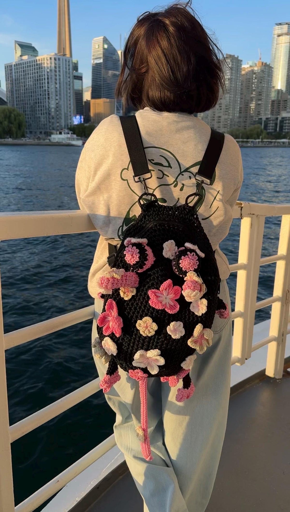 Crochet Frog Backpack – Black Frog Backpack with Sakura Flowers – Dark Aesthetic