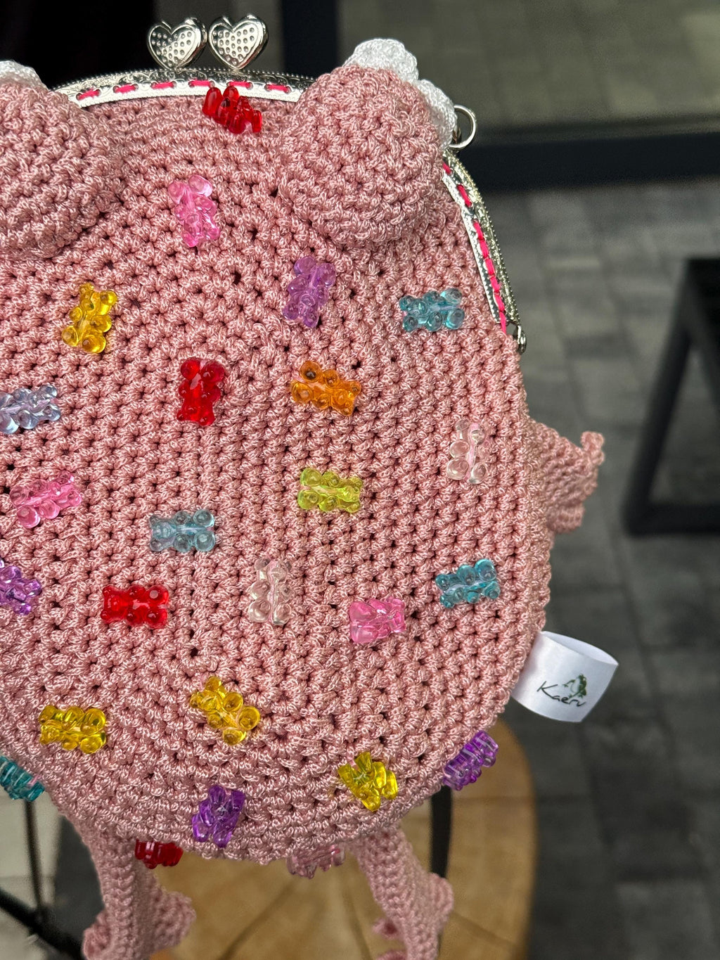 Pink Crochet Frog Bag with Gummy Bears – Handmade Shoulder & Crossbody Bag