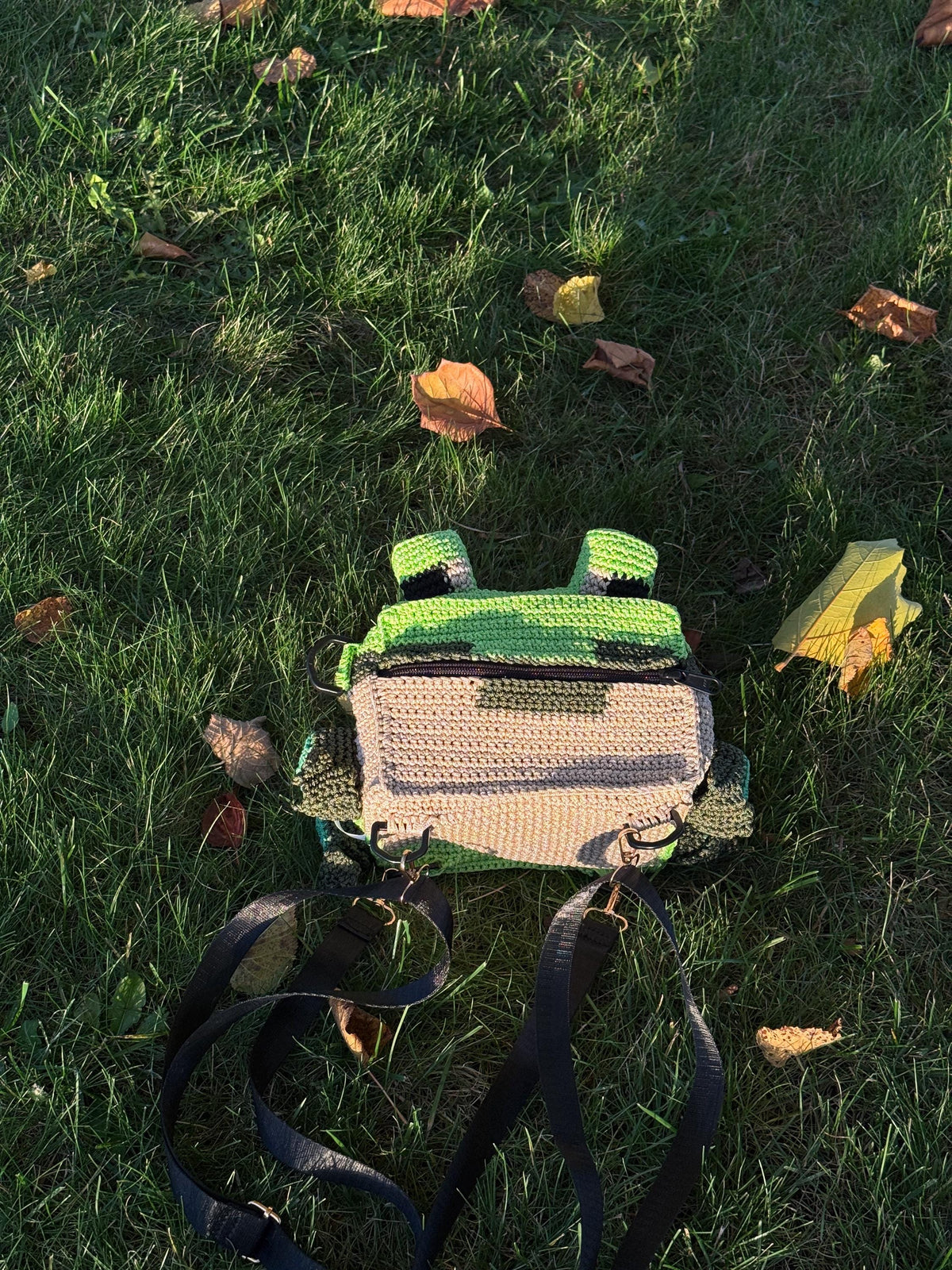 Square Crochet Frog Backpack – Handmade Frog Bag with Zipper & Satin Lining