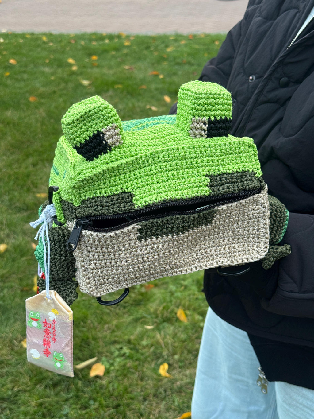 Square Crochet Frog Backpack – Handmade Frog Bag with Zipper & Satin Lining