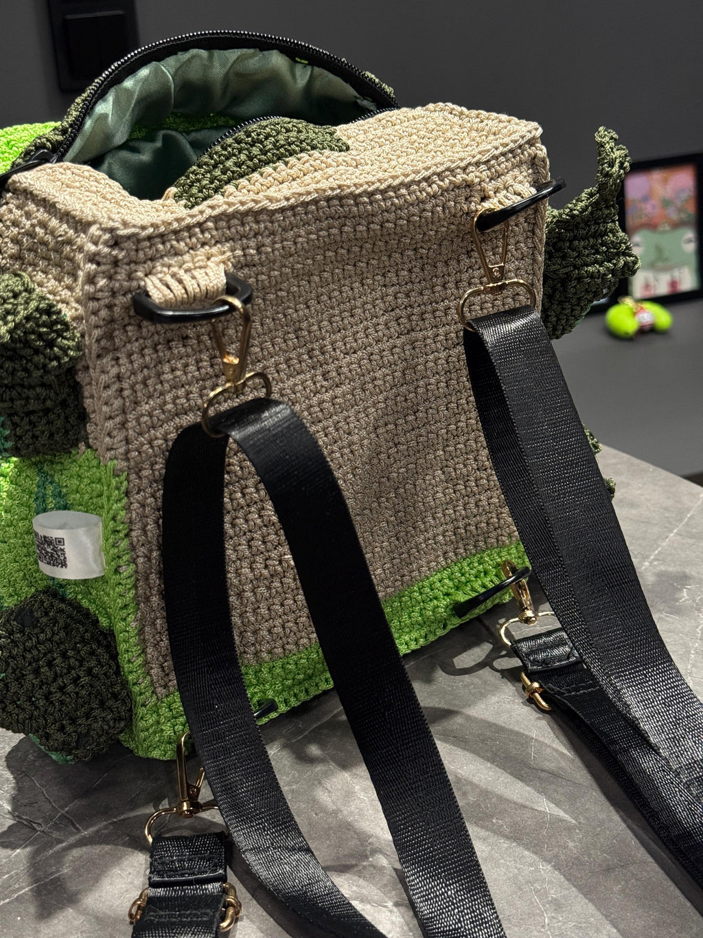 Square Crochet Frog Backpack – Handmade Frog Bag with Zipper & Satin Lining