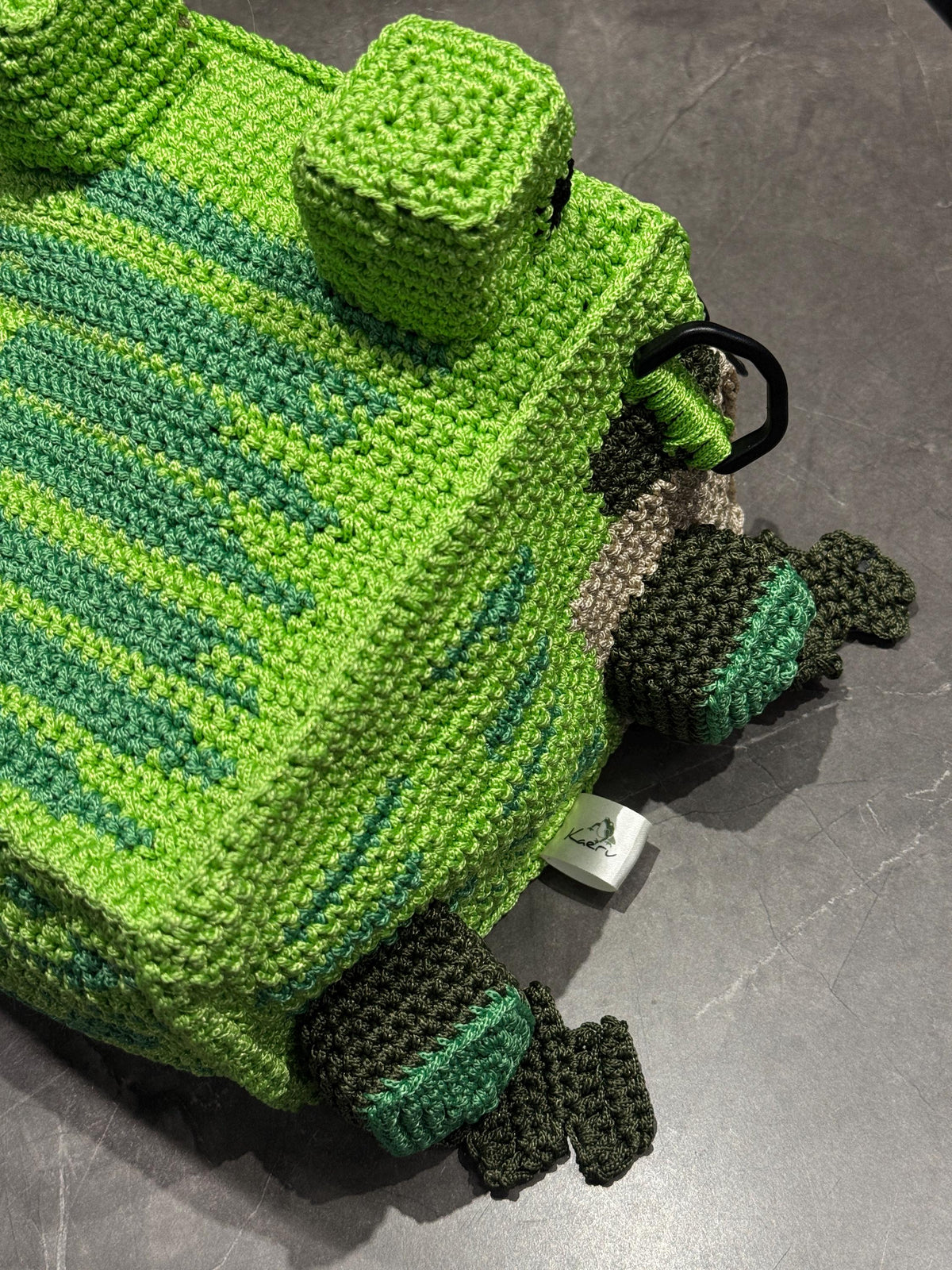 Square Crochet Frog Backpack – Handmade Frog Bag with Zipper & Satin Lining