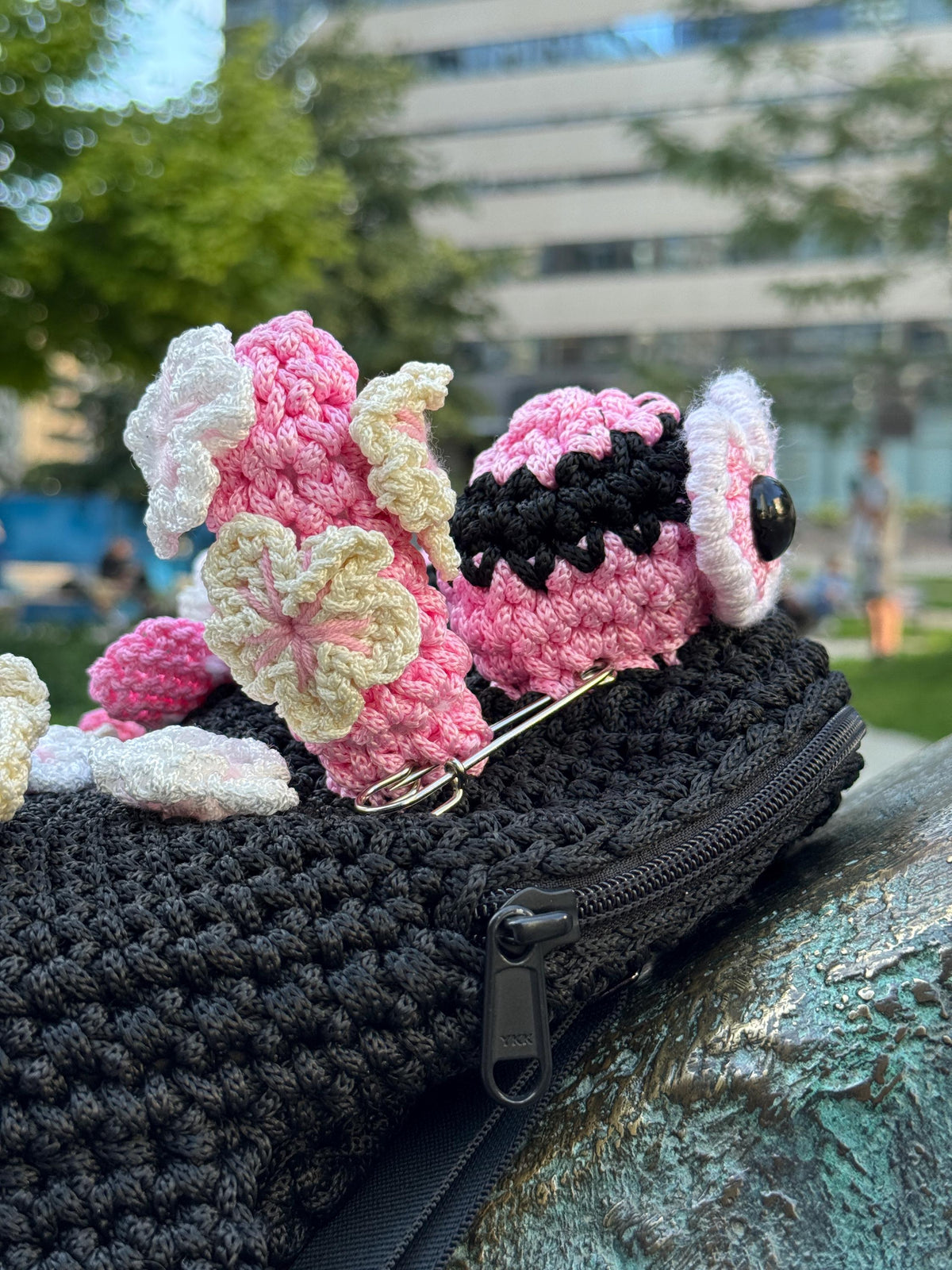 Crochet Frog Backpack – Black Frog Backpack with Sakura Flowers – Dark Aesthetic