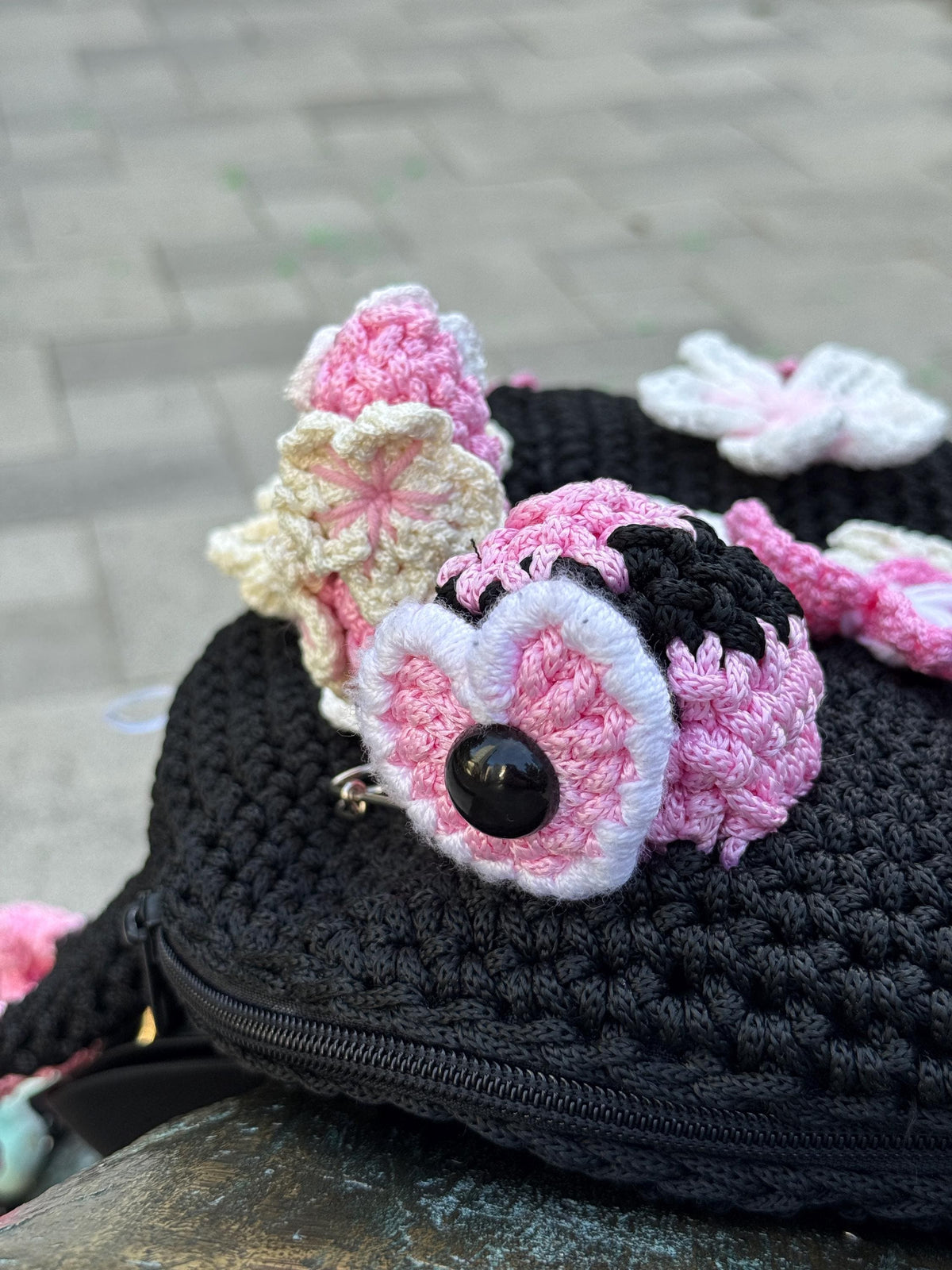 Crochet Frog Backpack – Black Frog Backpack with Sakura Flowers – Dark Aesthetic
