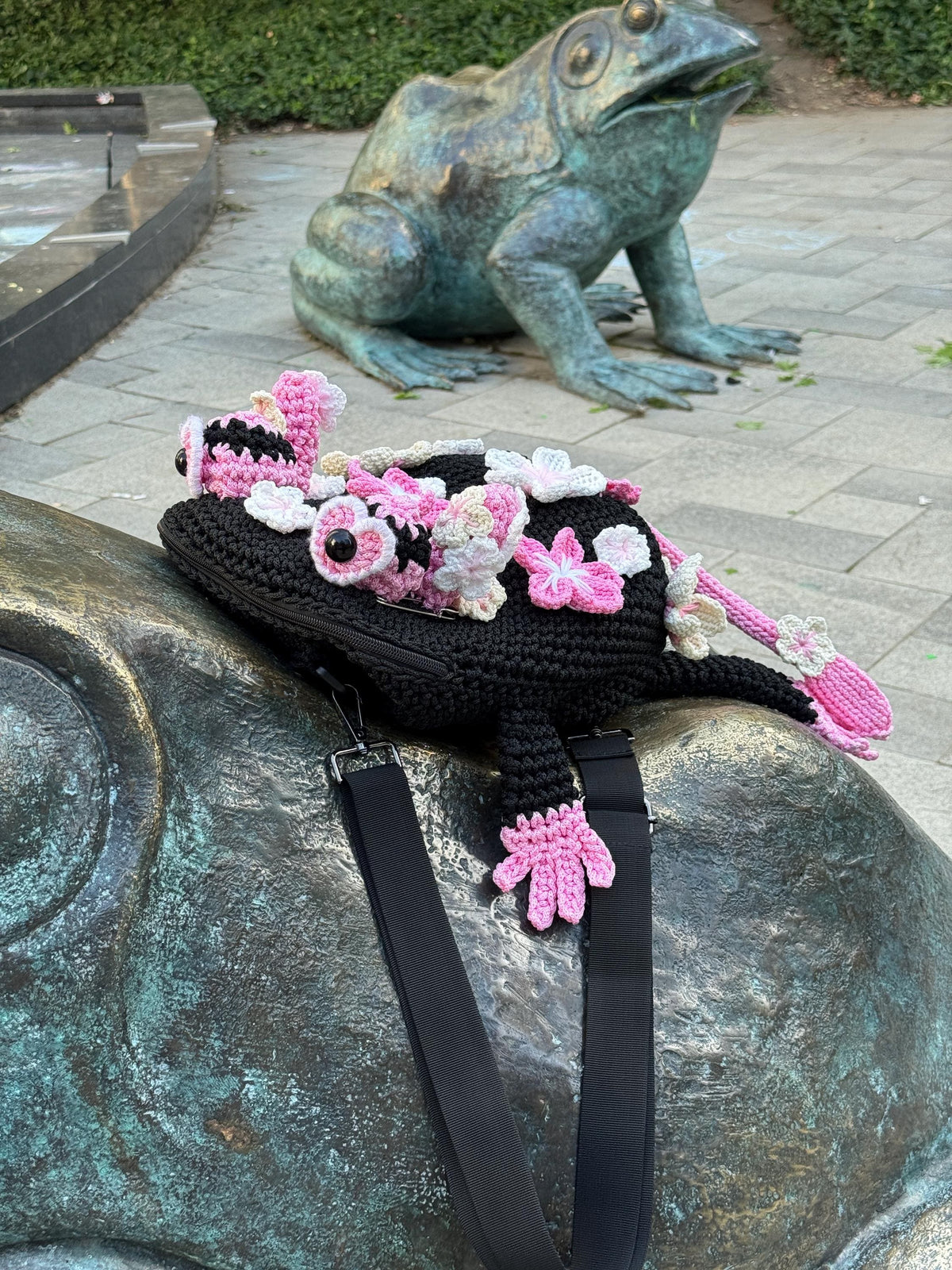 Crochet Frog Backpack – Black Frog Backpack with Sakura Flowers – Dark Aesthetic
