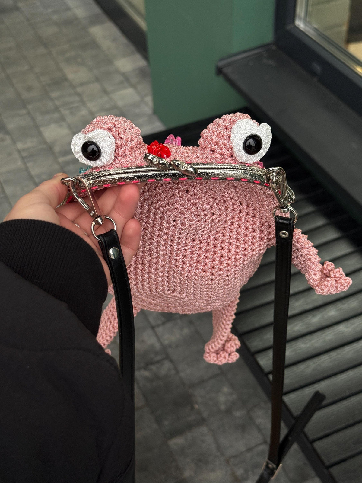 Pink Crochet Frog Bag with Gummy Bears – Handmade Shoulder & Crossbody Bag