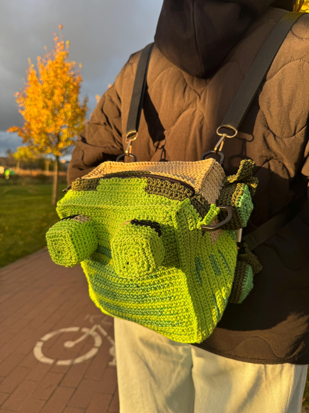 Square Crochet Frog Backpack – Handmade Frog Bag with Zipper & Satin Lining