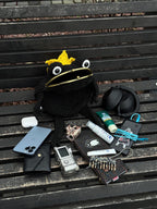 Frog King Bag – Handmade Black Frog Purse with Golden Crown