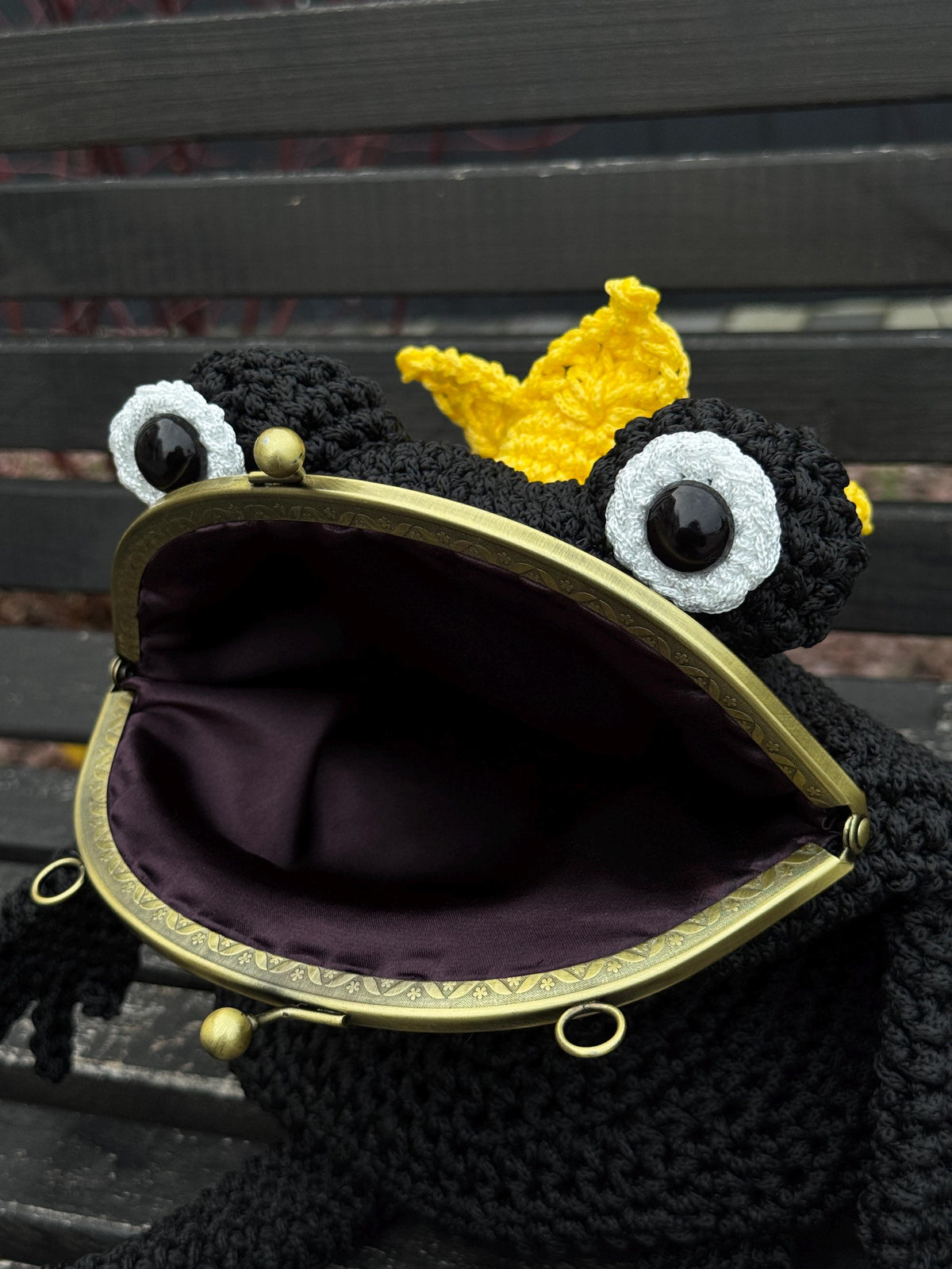 Frog King Bag – Handmade Black Frog Purse with Golden Crown