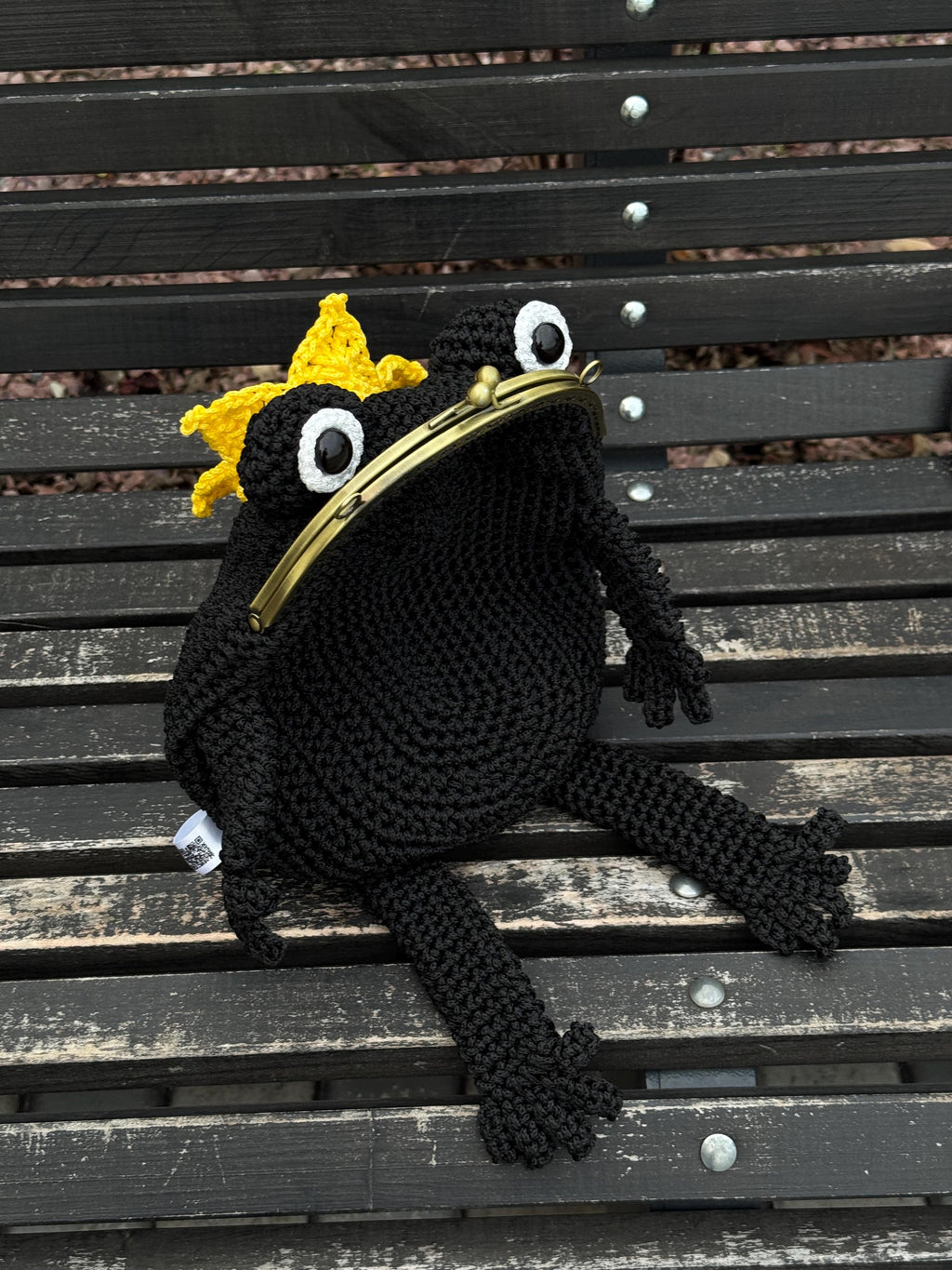 Frog King Bag – Handmade Black Frog Purse with Golden Crown
