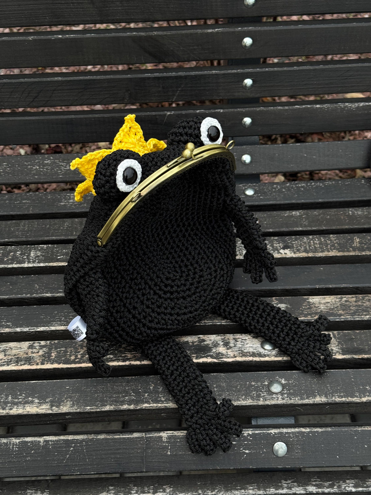 Frog King Bag – Handmade Black Frog Purse with Golden Crown