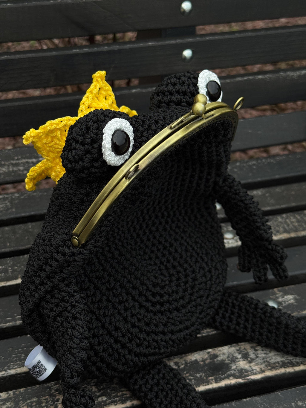 Frog King Bag – Handmade Black Frog Purse with Golden Crown