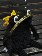 Frog King Bag – Handmade Black Frog Purse with Golden Crown