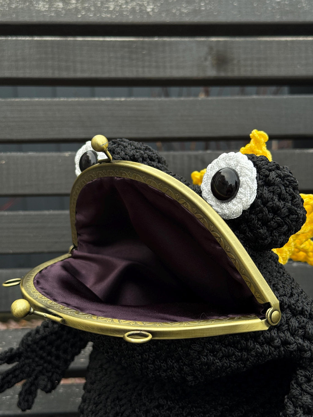 Frog King Bag – Handmade Black Frog Purse with Golden Crown